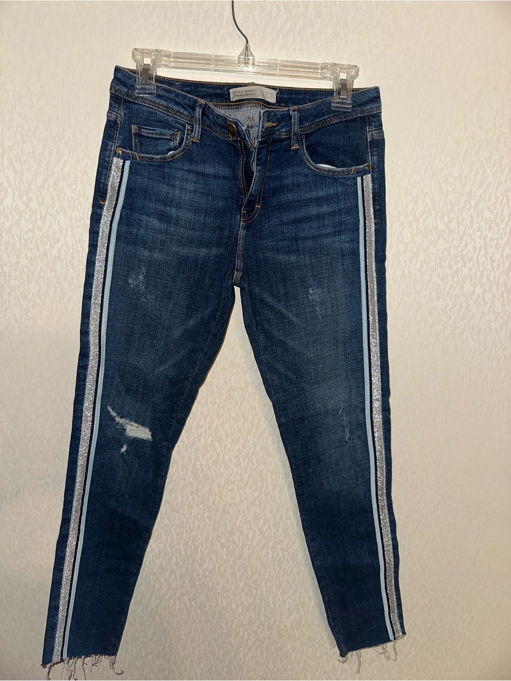 Zara Dark Blue Skinny Jeans with Silver & Light Blue Side Stripes